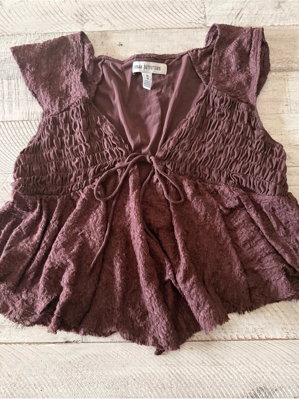 Urban Outfitters Mauve Brown Smocked Peplum Tie-Front Blouse